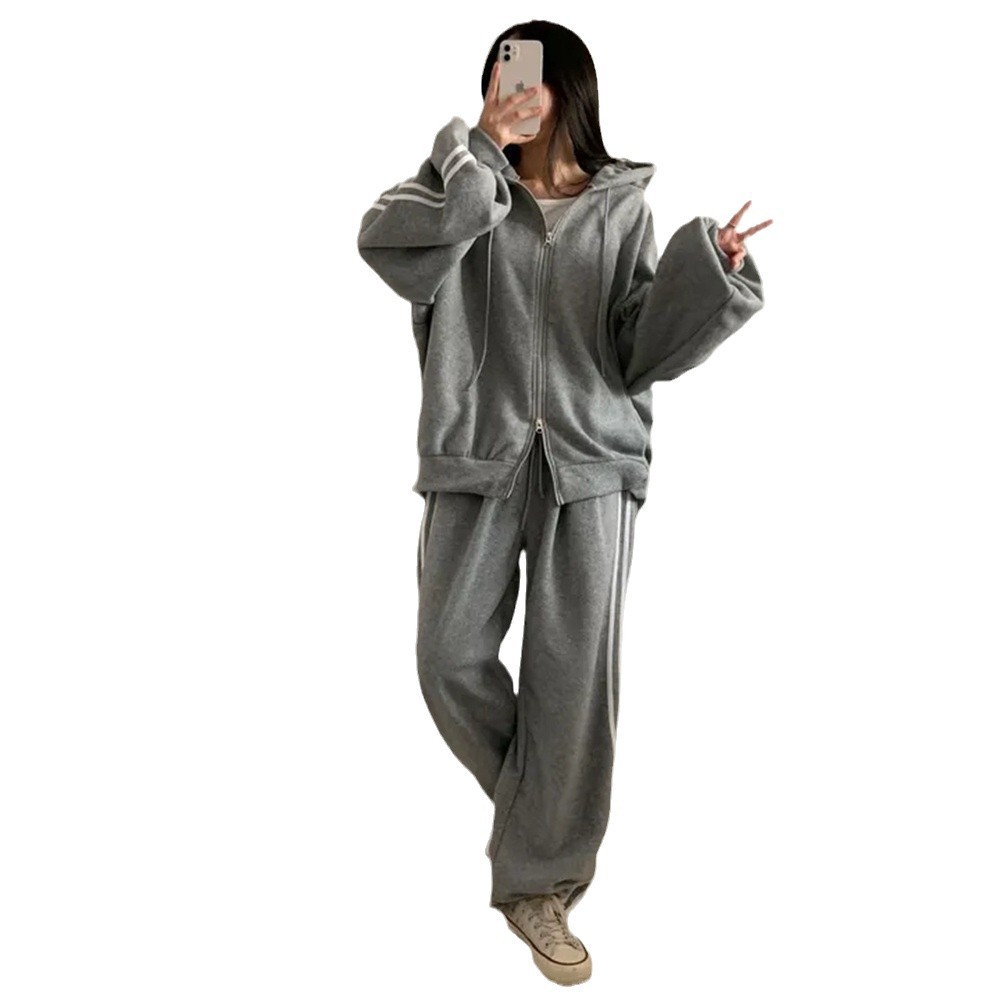 クロスボーダー卸売ジッパースウェットシャツカジュアルツーピースグレー韓国ブランドファッションスポーツスーツ女性のための春と秋怠惰なルーズ