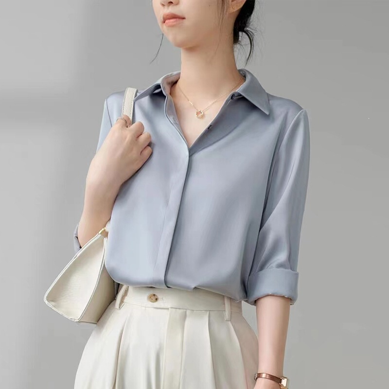 Gray-Blue Satin Shirt for Women 2026 Long-Sleeve Spring Versatile Hidden Placket Retro Hong Kong Style Drapey Commuter Mature Look Gray-Blue Satin Shirt for Women 2026 Long-Sleeve Spring Versatile Hidden Placket Retro Hong Kong Style Drapey Commuter Mature Look