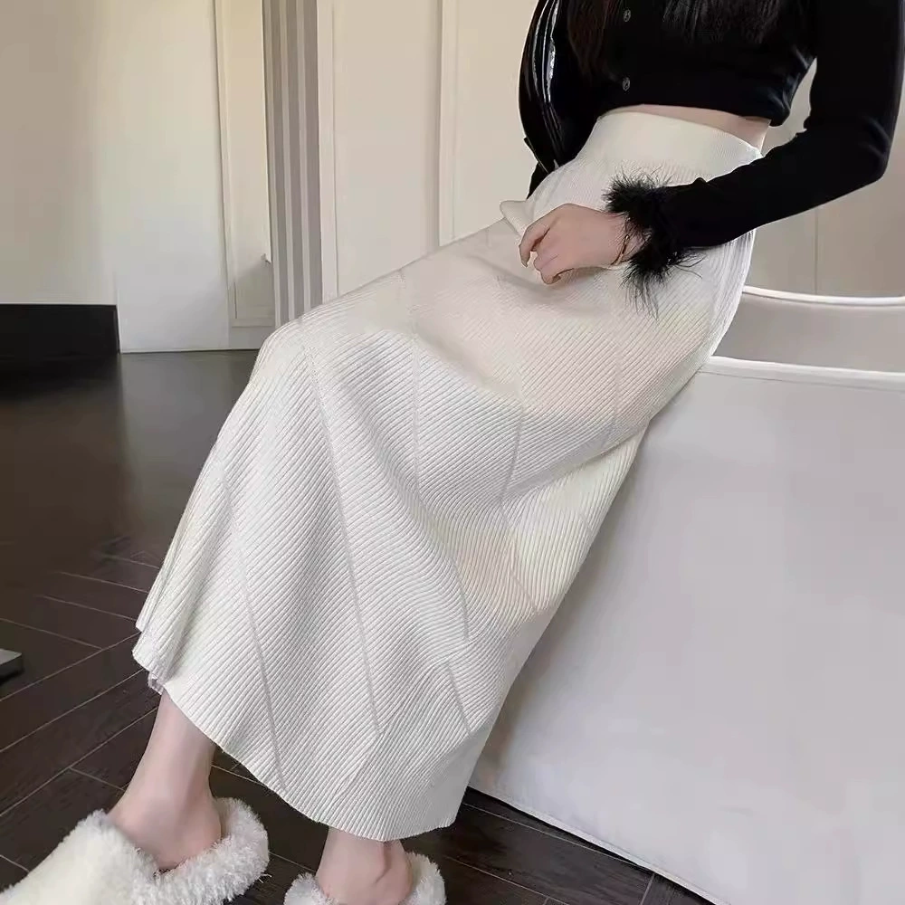 Трикотажная юбка женский осенний и зимний новый эластический шерстяной юбка с высокой талией