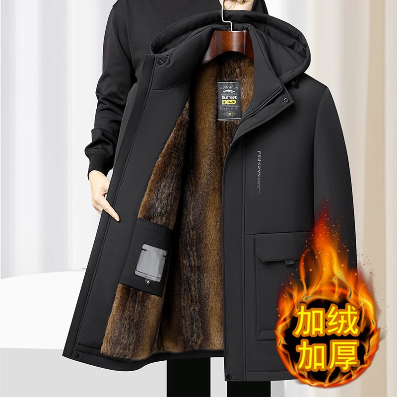 Men's fleece-lined cotton-padded coat for middle-aged and elderly men, detachable hood, mid-length, thick, warm winter coat for dads.