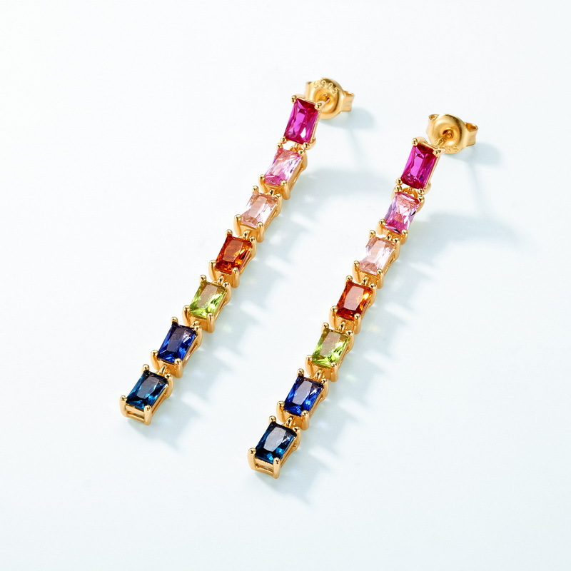 Pendientes de circonita de arco iris largos transfronterizos nuevos Pendientes de lujo ligero de circonio multicolor con incrustaciones de plata S925 simple y elegante