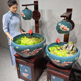 新款造景德镇陶瓷鱼缸带柜客厅办公室循环流水摆件养乌龟缸金鱼缸