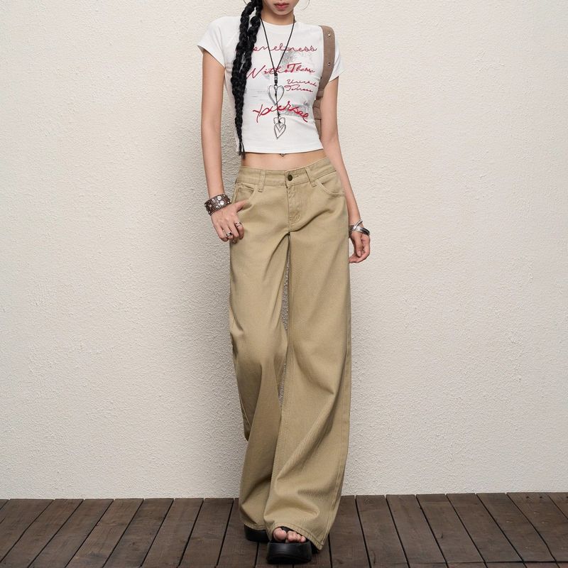 卡其色微喇牛仔裤女新款夏季美式辣妹低腰显瘦宽松垂感拖地裤批发|undefined
