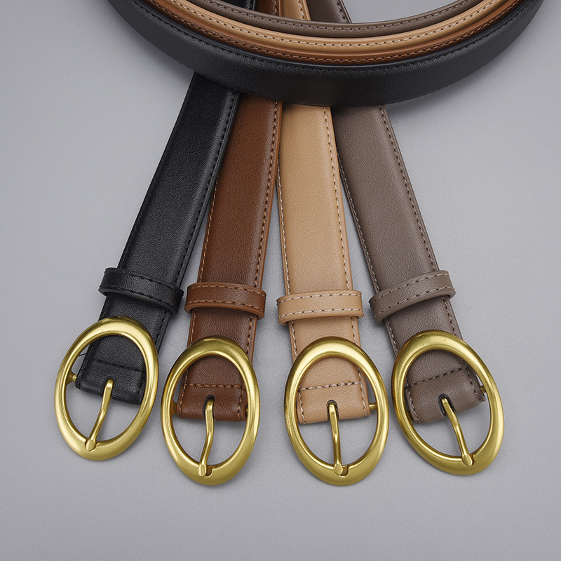 New women's cowhide belt oval gold pin buckle Korean style belt matching jeans with suit fashion