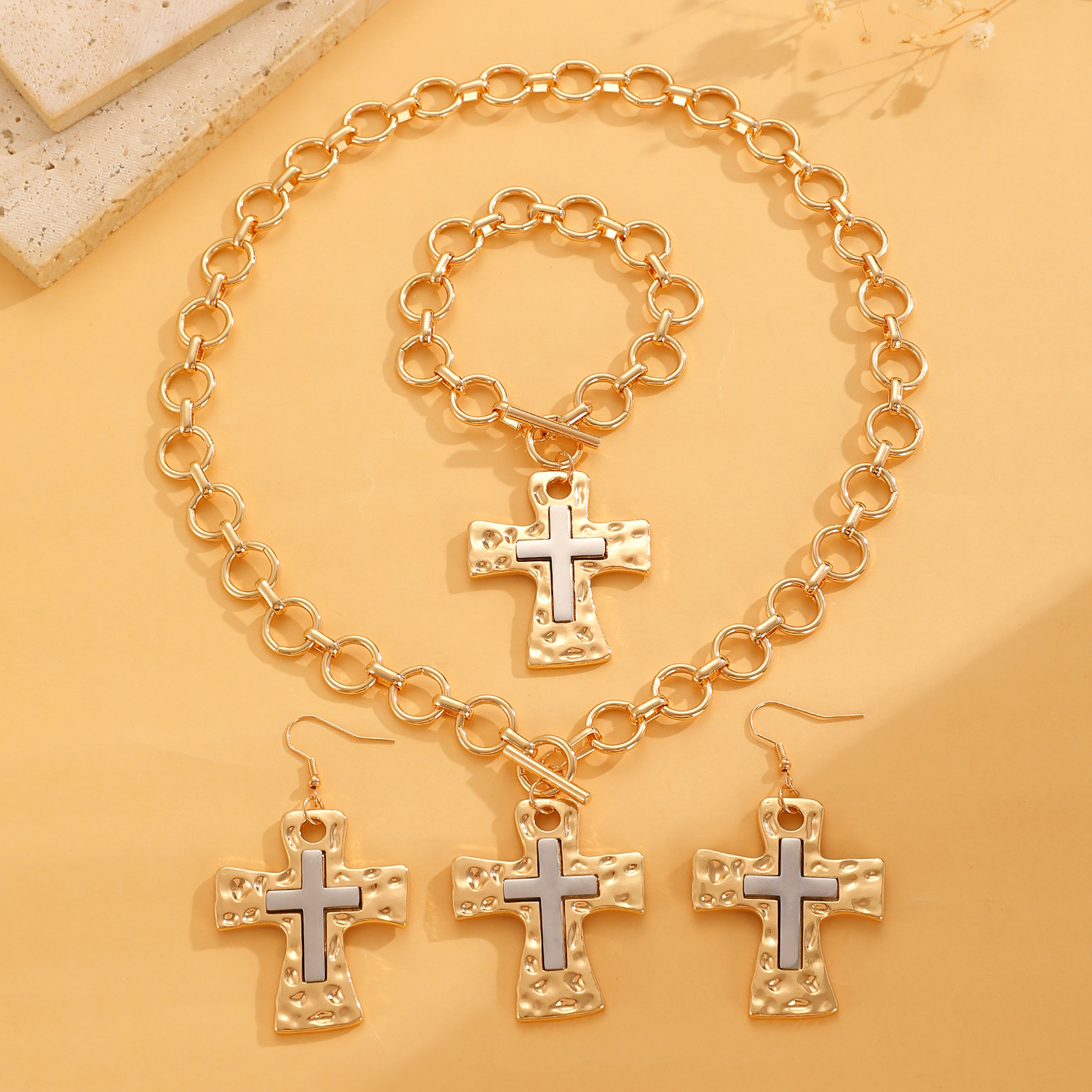 Punk Circular Cuban Chain Earrings With Cross Pendant Minimalist_voghion.com