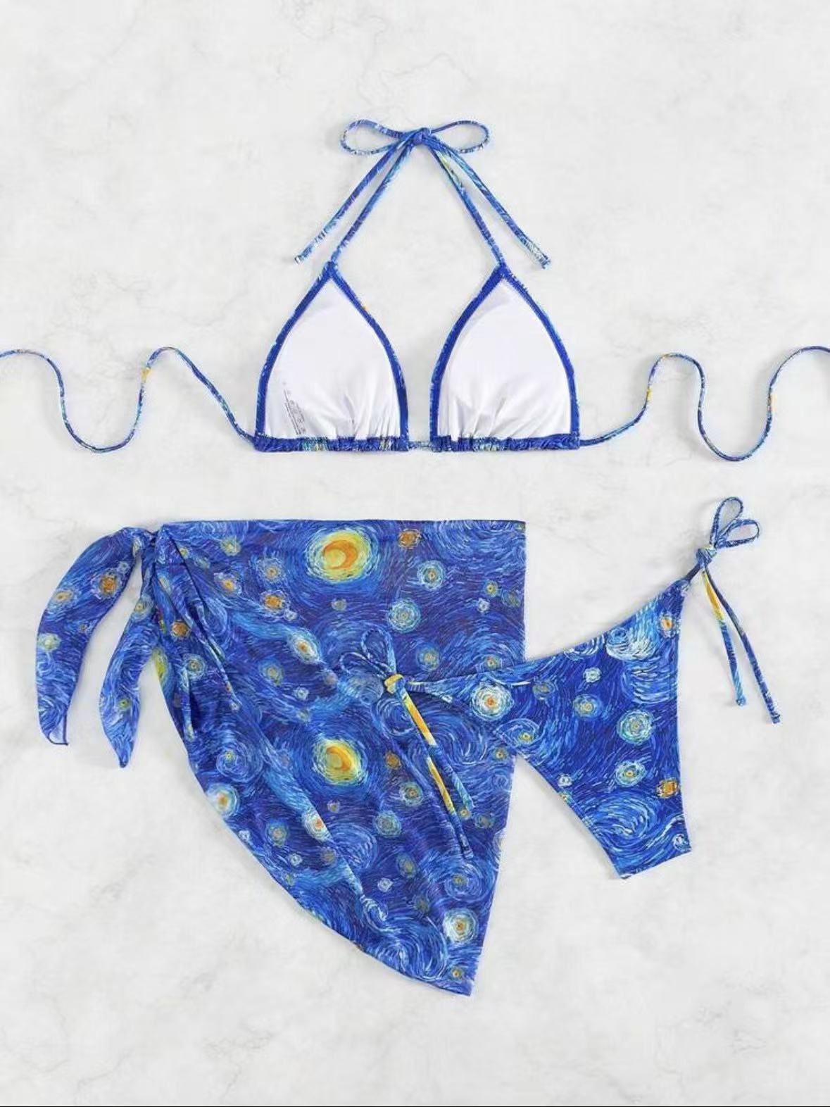 Van Gogh Starry Night Print Bikini Set Adjustable Halter Swimwear_voghion.com