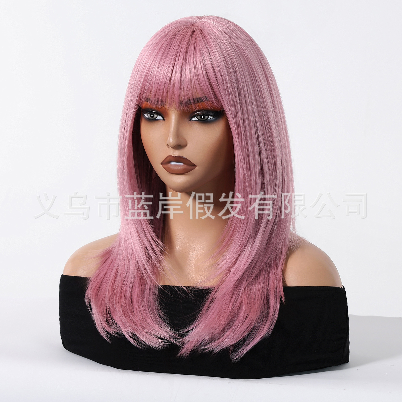 Cosplay rosa nueva peluca navideña mujer Qi flequillo de longitud media cola de cabello micro rizado conjunto completo stock de fábrica