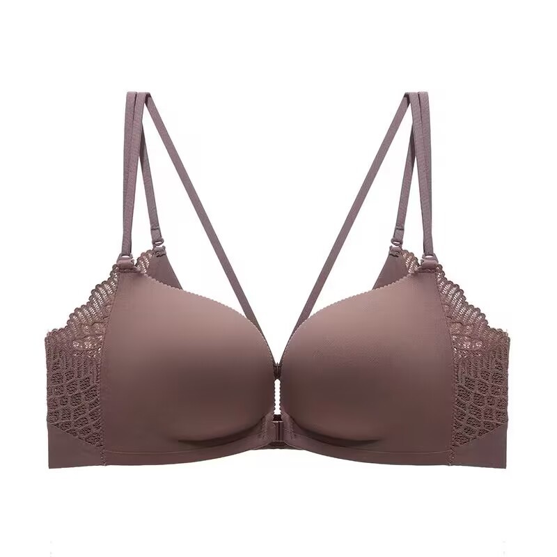 Botón delantero doble cinturón de hombro delgado conjunto de sujetador sin anillo de acero ropa interior sexy para mujeres pechos pequeños mostrando un gran bra de apoyo superior