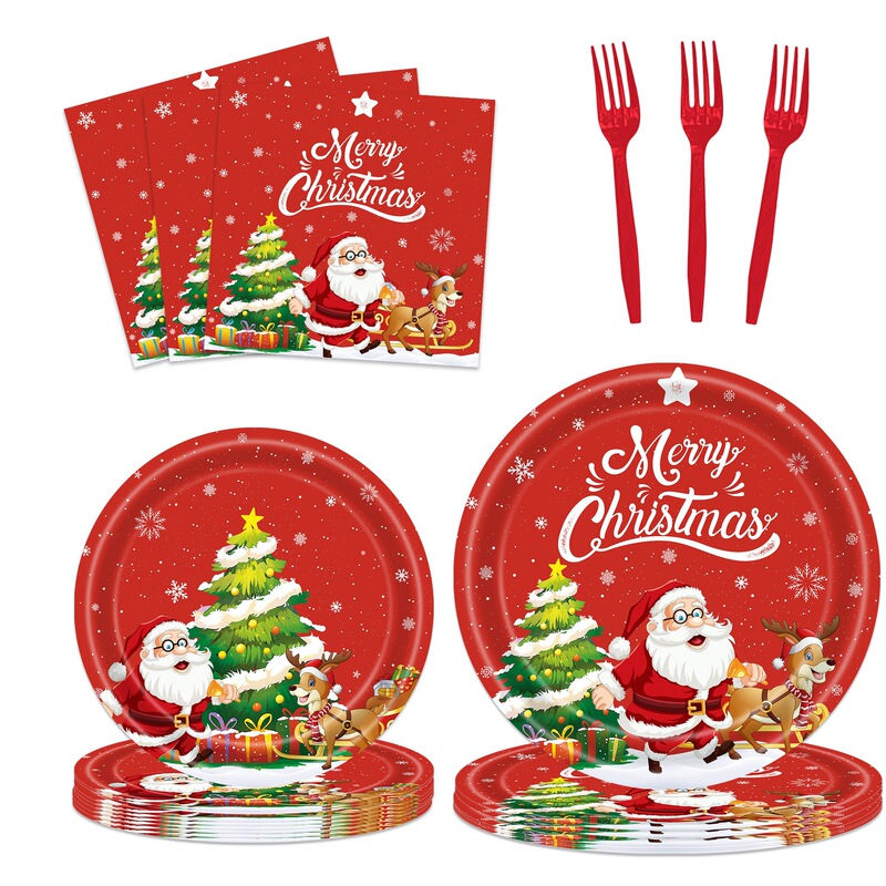 New Christmas and New Year Themed Party Decorations, Disposable Tablecloths, Paper Plates, Paper Cups, Paper Towels, Knives, Forks, and Spoons