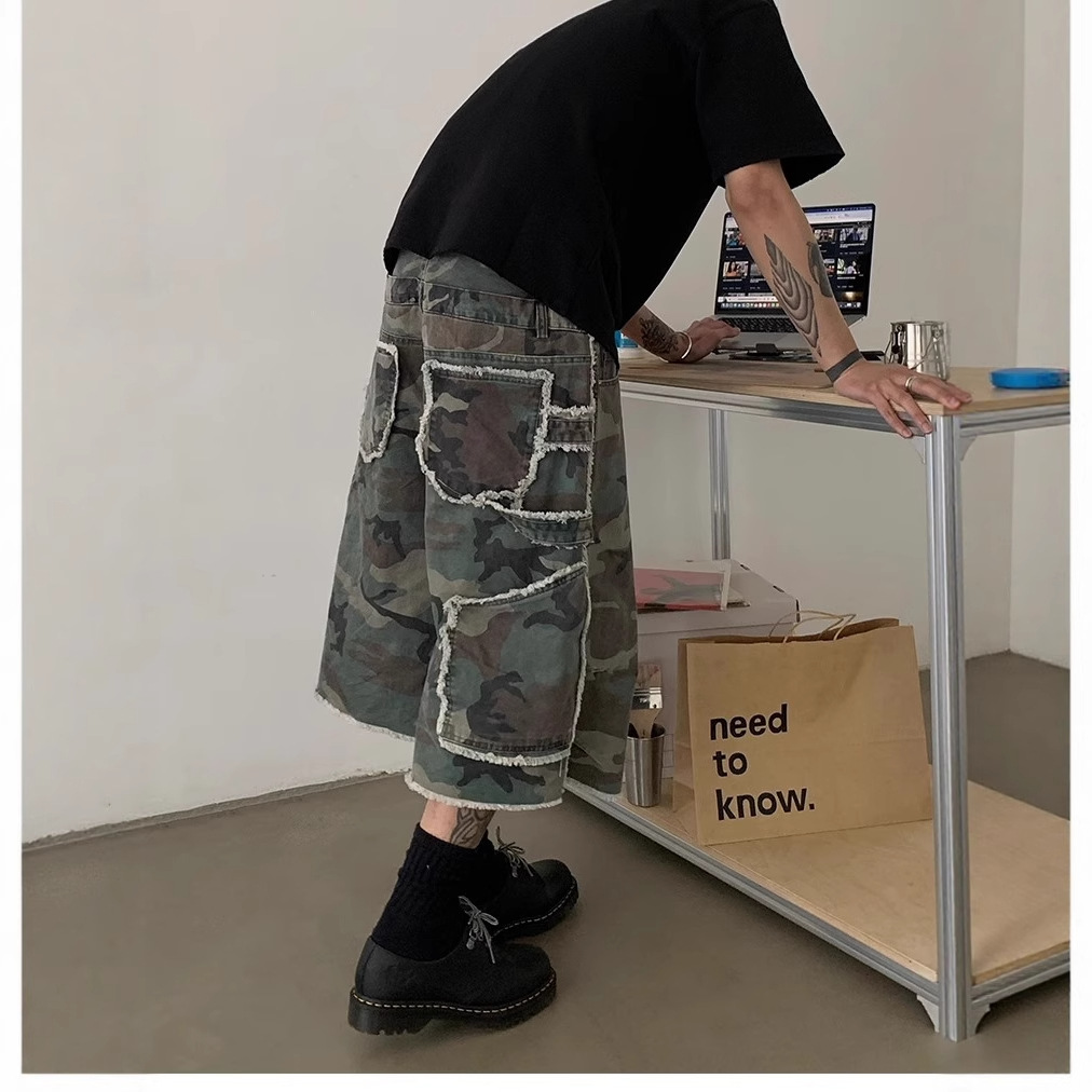 2025 American Washed Distressed Loose Wide-Leg Jeans Cleanfit Camouflage Flap Pocket Pants Cargo Cropped Pants for Men