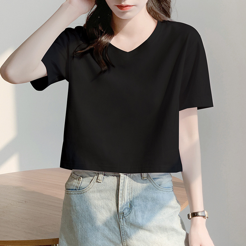 Black Short V-Neck T-Shirt for Women Summer Short-Sleeved Loose High-Waisted Small Belly-Baring Top 2025 New Slimming Look Trend Black Short V-Neck T-Shirt for Women Summer Short-Sleeved Loose High-Waisted Small Belly-Baring Top 2025 New Slimming Look Trend