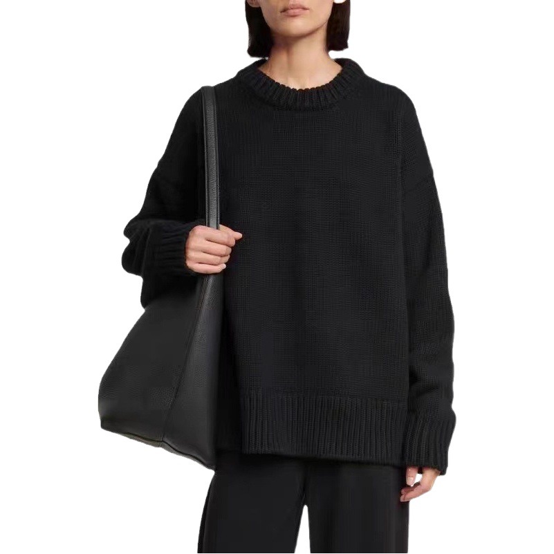 100%ピュアウールセーター レディース 秋冬 カシミヤセーター グレー ラウンドネック プルオーバー ゆったり ラフスタイル