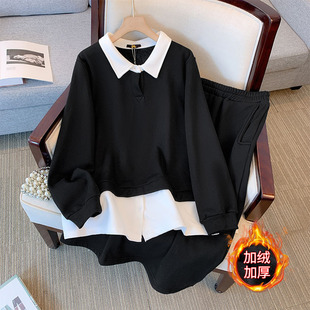 Deformation policy plus size women's clothing autumn and winter fleece-lined thickened chubby girl stitching fake two-piece sweater coat + skirt suit