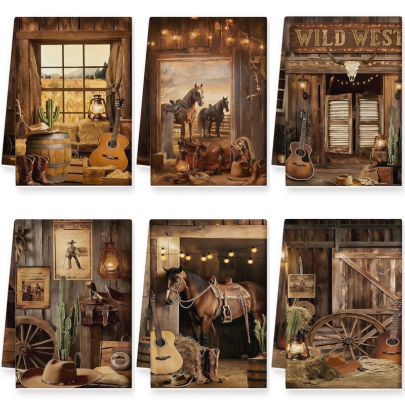 Hot-Selling American-Style Western Kitchen Towel Set with Wood House, Horse, and Guitar Elements Decorative Towel for Home Use, Absorbent Cleaning Cloth