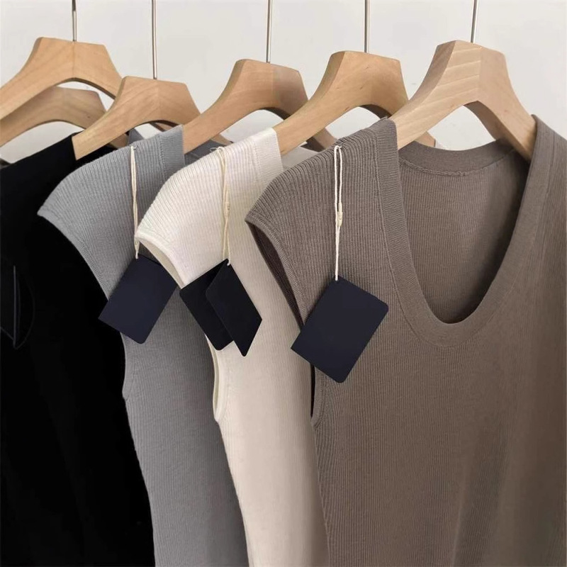 U-Shoulder Ice Silk Knitted Sleeveless T-Shirt Women's Summer Inner Base Elegant Slim-Fit Slimming Small Flying Sleeve Thin Top