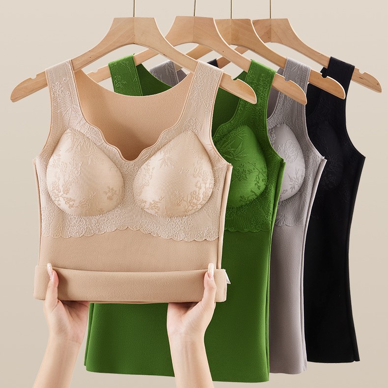 Chinese Style Embossed Jacquard Thermal Intimates Double-Sided Brushed with Chest Pad Thickeneded Base Layer Self-Heating Thermal Vest for Women