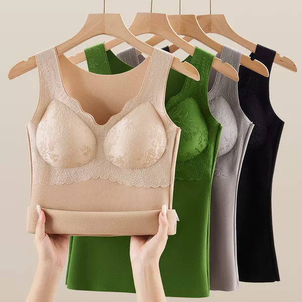 Chinese Style Embossed Jacquard Thermal Intimates Double-Sided Brushed with Chest Pad Thickeneded Base Layer Self-Heating Thermal Vest for Women