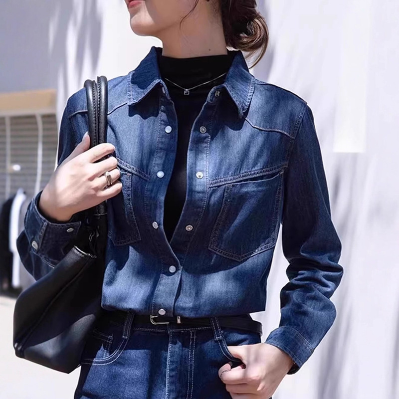 French Retro Long-Sleeved Denim Shirt for Women Spring and Autumn New Design Niche Layered Bottoming Outer Shirt Jacket