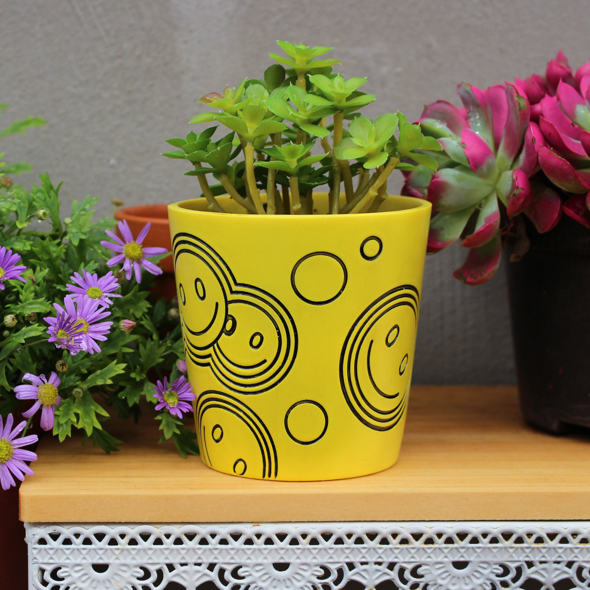  Hot Selling Simple Yellow Smiley Round Flower Pot with Drain Outfall Desktop Fleshy Potted Plant Fleshy Green Plant Flower Pot