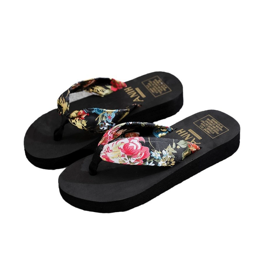 Platform flip flops, high-sole beach slides, ethnic boho style, sizes 35–43