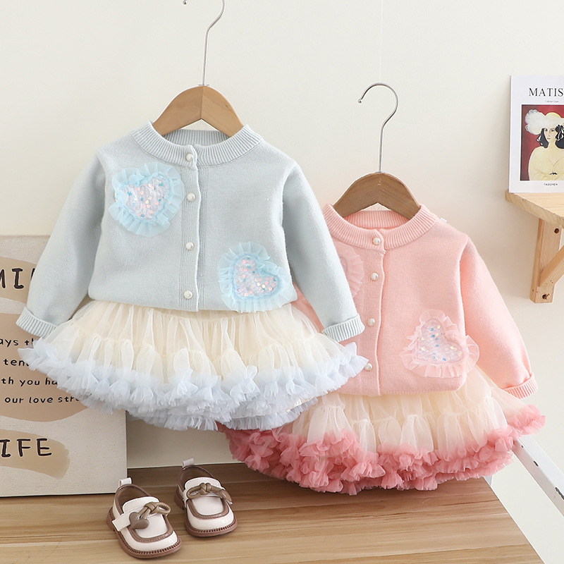 Regular Fit Fit Type Gradient Color, Heart Shape Pattern Princess Cute Gradient Color Heart Shape Sequins Polyacrylonitrile Fiber Girls Clothing Sets