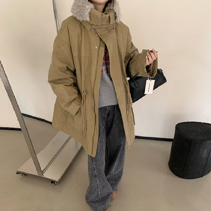 Korean Style 2025 Winter New Retro Casual Large Lapel Mid-Length Parka Warm White Duck down Jacket for Women