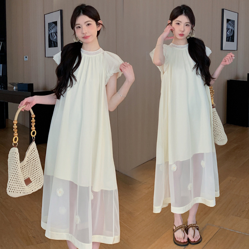 2025 Summer New Style Pregnant Women's Dress French Style Lazy Mesh Forged Surface Bubble Sleeve Handmade Custom Flower Fairy Dress
