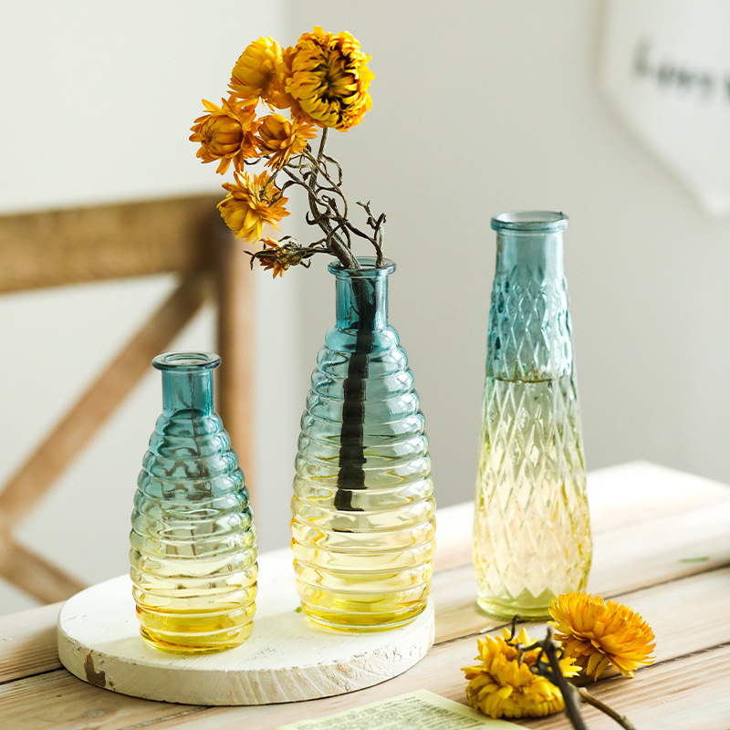 Relieve retro europeo azul y amarillo gradiente spray mini hidroponía jarrón aromático conjunto de jarrón de vidrio de flores secas