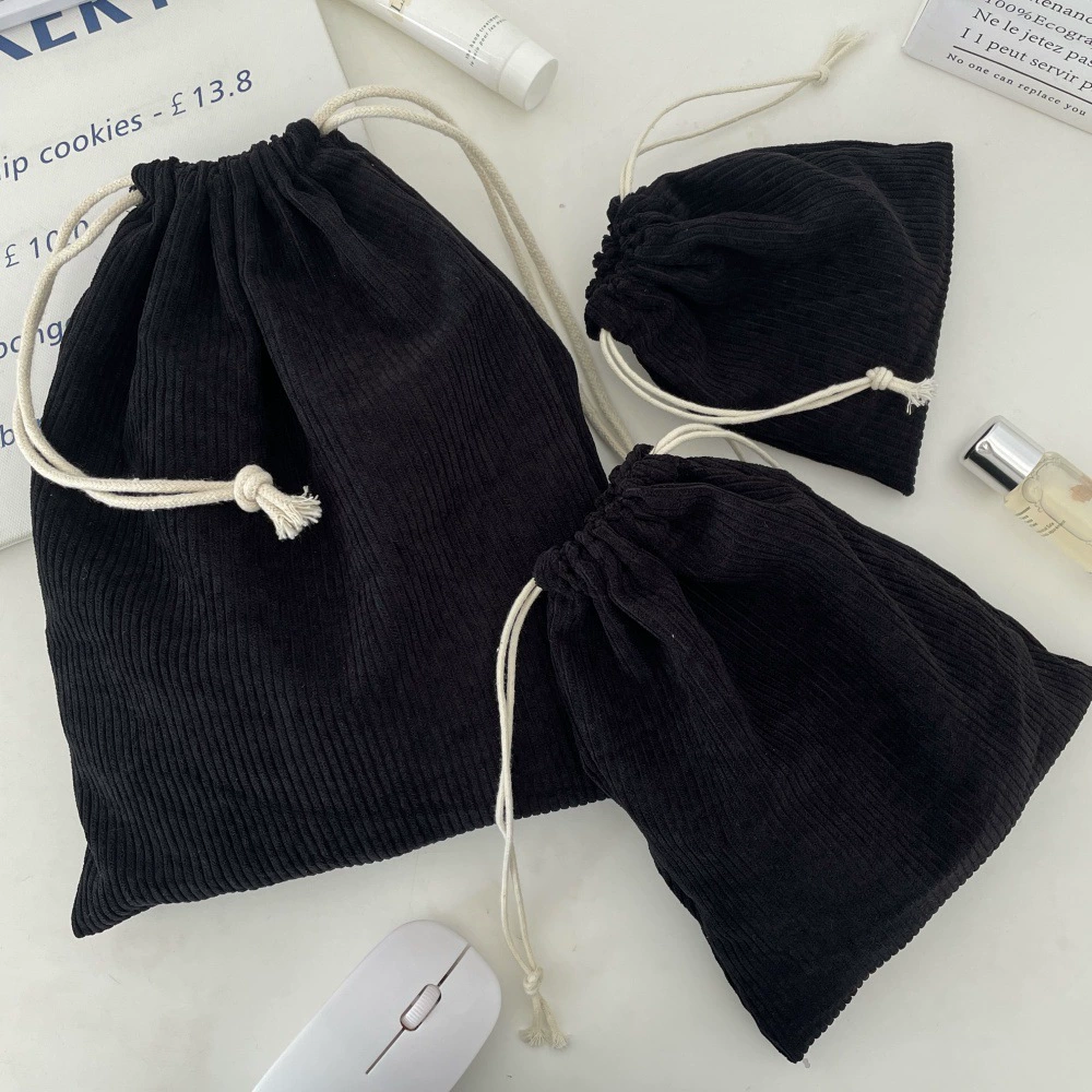 Corduroy Cosmetic Drawstring Bag Set, Handheld 3-Piece Kit — Small/Medium/Large
