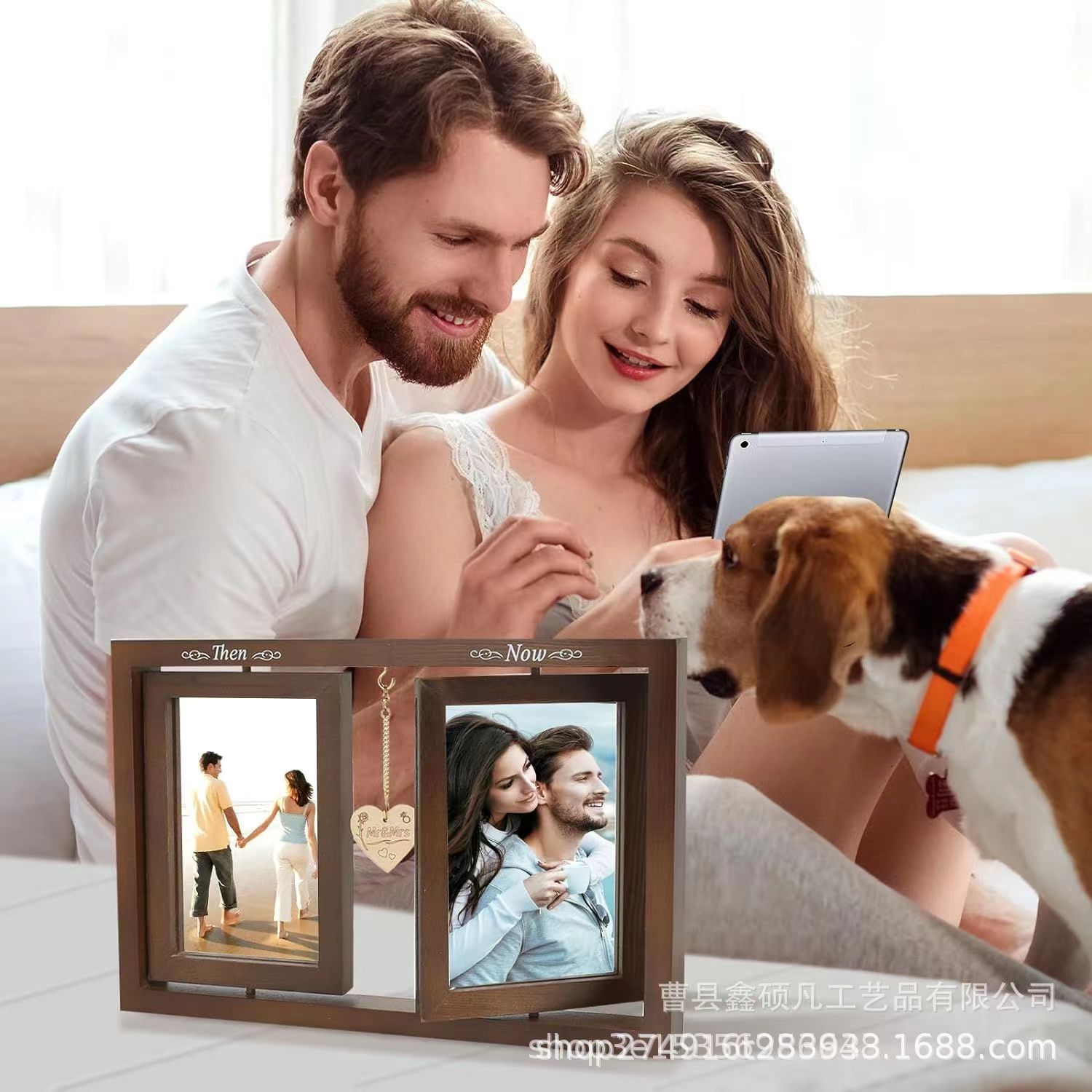 Nuevo marco de fotos americano, marco doble giratorio de madera de amor, marco creativo, decoración de regalo de sala de estar, marco de fotos, decoración de escritorio