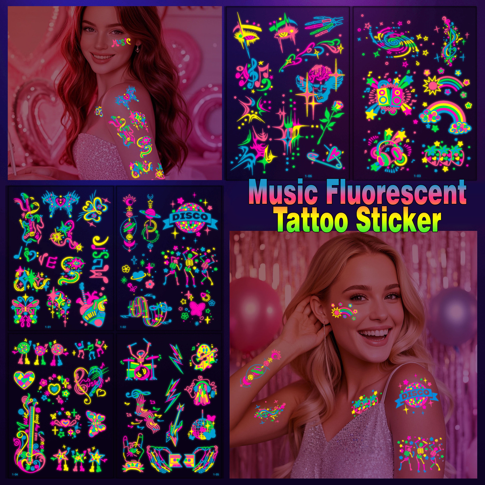 Fluorescent Face Stickers Tattoo Stickers Stage Performance Party Bar Temporary Tattoo Decoration Butterfly Flower Water Transfer Face Stickers