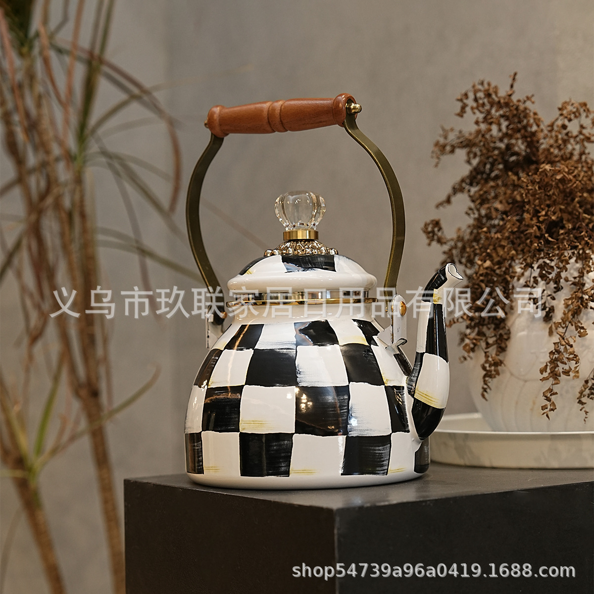 Classic Black and White Plaid Wooden Handle Enamel Kettle Diamond Lid Large Capacity Tilt Kettle All Seasons Universal Kettle