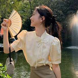 中式国风上衣轻熟风盐系短袖衬衫女夏复古国潮民族新旗袍改良系带