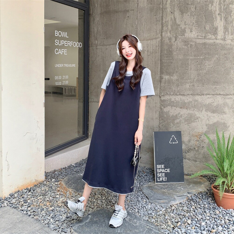 Maternity Wear Fake Two-Piece Spliced T-Shirt Dress for Women, Summer Casual Sporty Stylish Super Pretty Dress with a High-End Feel