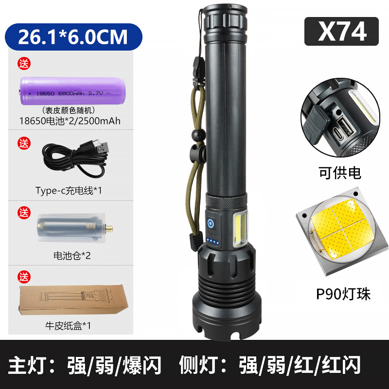 Linterna de luz fuerte transfronteriza P90, linterna recargable con zoom telescópico de aleación de aluminio, iluminación de largo alcance al aire libre, luz de pesca nocturna