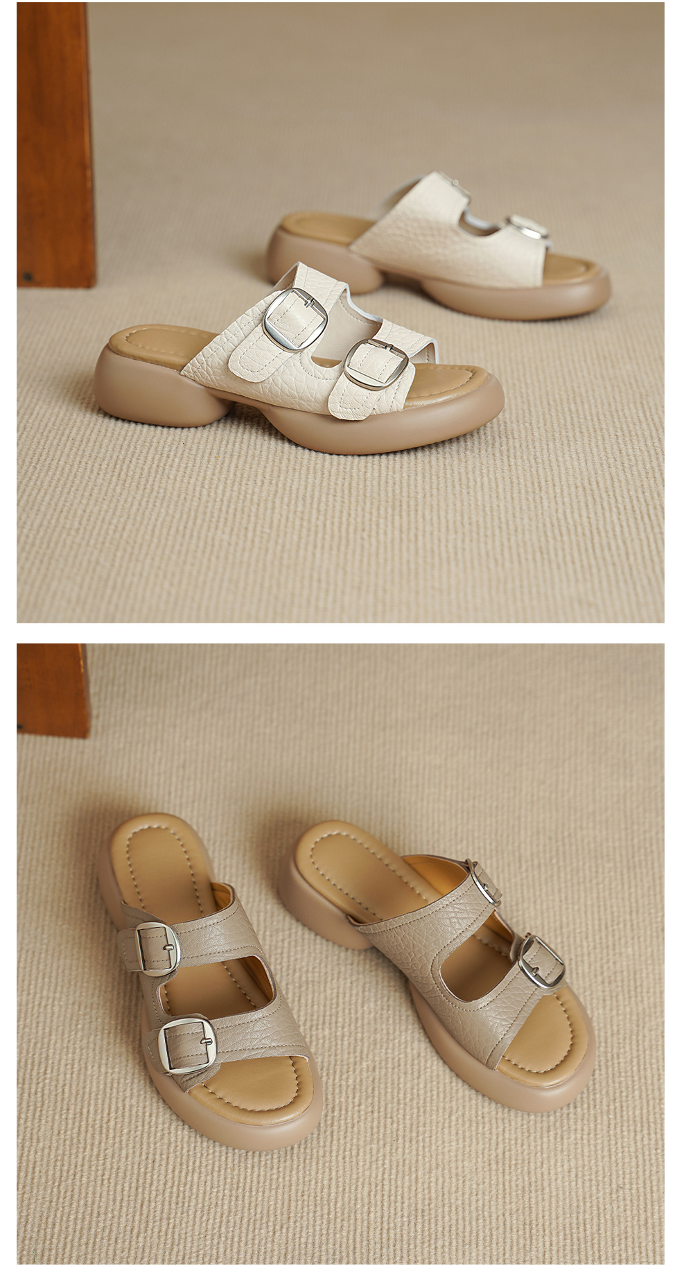Dép sandal nữ quai chữ V đế dày da cừu khóa thắt lưng — Xám voi chi tiết 12
