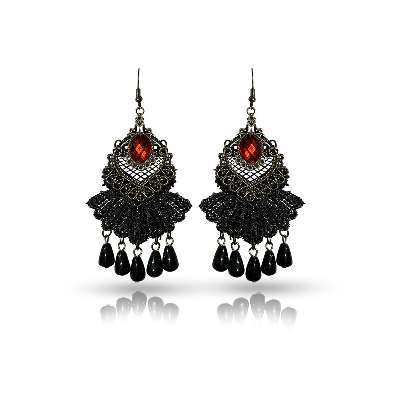 New European and American jewelry retro black earrings Bohemian personality tassel pendant earrings alloy lace earrings