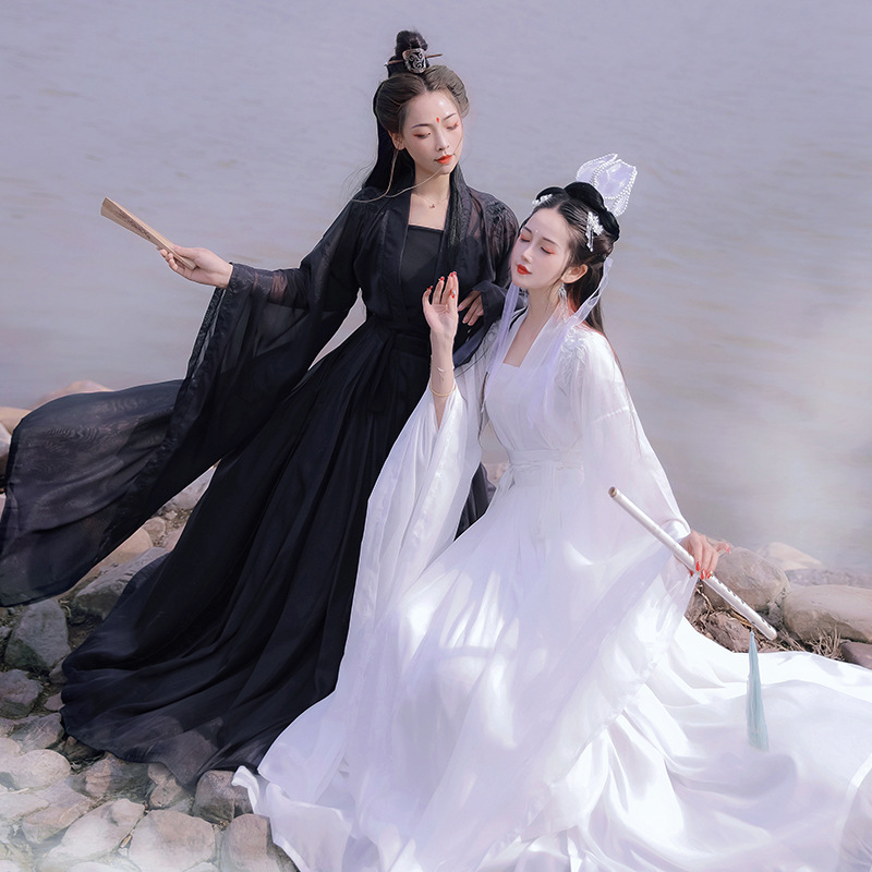 Original Hanfu Style Divine Girl Wei-Jin Style Cross-Collar Loose-Fitting Versatile Robe Photography Spring/Summer Set White