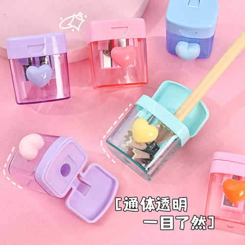Macaron Cute Elementary School Pencil Sharpener Four-Color Love Rotating Double-hole Pencil Sharpener Transparent Covered Pencil Sharpener