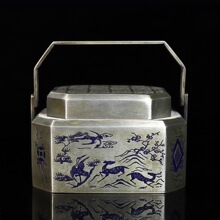 古玩金属工艺品做旧仿古铜器白铜景泰蓝鹿鹤同春图提梁烧碳手炉