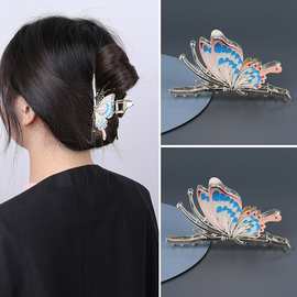 网红现货9色彩绘蝴蝶优雅古风发夹后脑勺盘发头饰鲨鱼抓夹女头饰