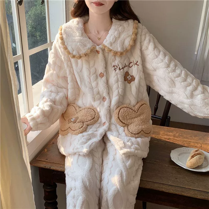 Пижамы для женщин осенью и зимой, коралловый бархат, утолщенная флисовая подкладка, теплая фланелевая зимняя одежда с длинными рукавами, небольшой аромат, комплект домашней одежды