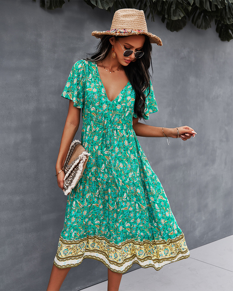 print spring and summer V-neck short sleeve dress NSDY36589