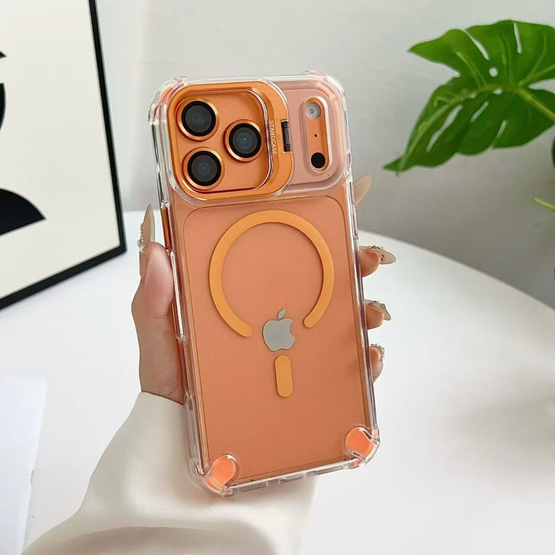 Aplicable a Apple 17PRO soporte de lente metálica de succión magnética caso de teléfono celular iPhone14 bolsas de aire cuadrangulares caso duro transparente