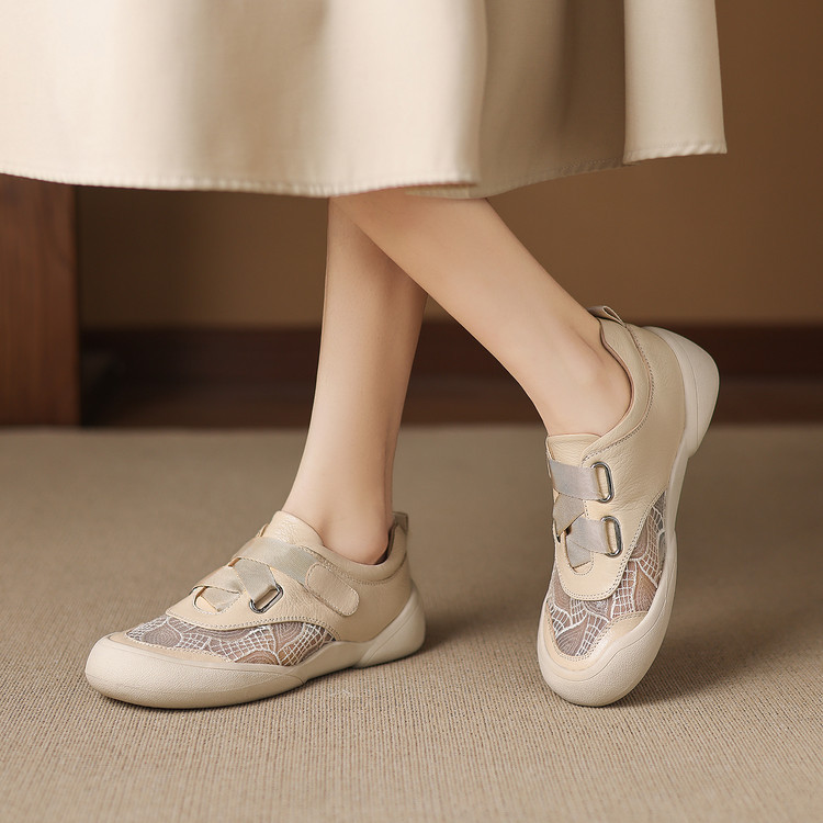 Giày sneaker nữ phối màu da thật lỗ thoáng khí đế bệt buộc dây kết hợp miếng dán — màu trắng ngà chi tiết 18