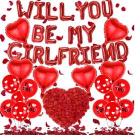 红色字母WILL YOU BE MY GIRLFRIEND 爱心玫瑰花瓣情人节气球套餐