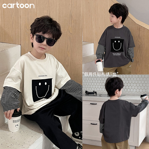 AOAOKIDS Children's 2024 Spring Korean Style Baby Tops Smiling Face Patch Print Fake Two Boys T-Shirts Trendy