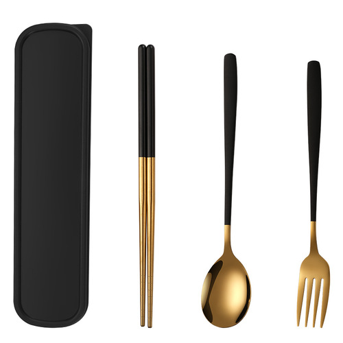 Stainless steel chopsticks spoon fork set Korean portable tableware camping outdoor gift student tableware three-piece set