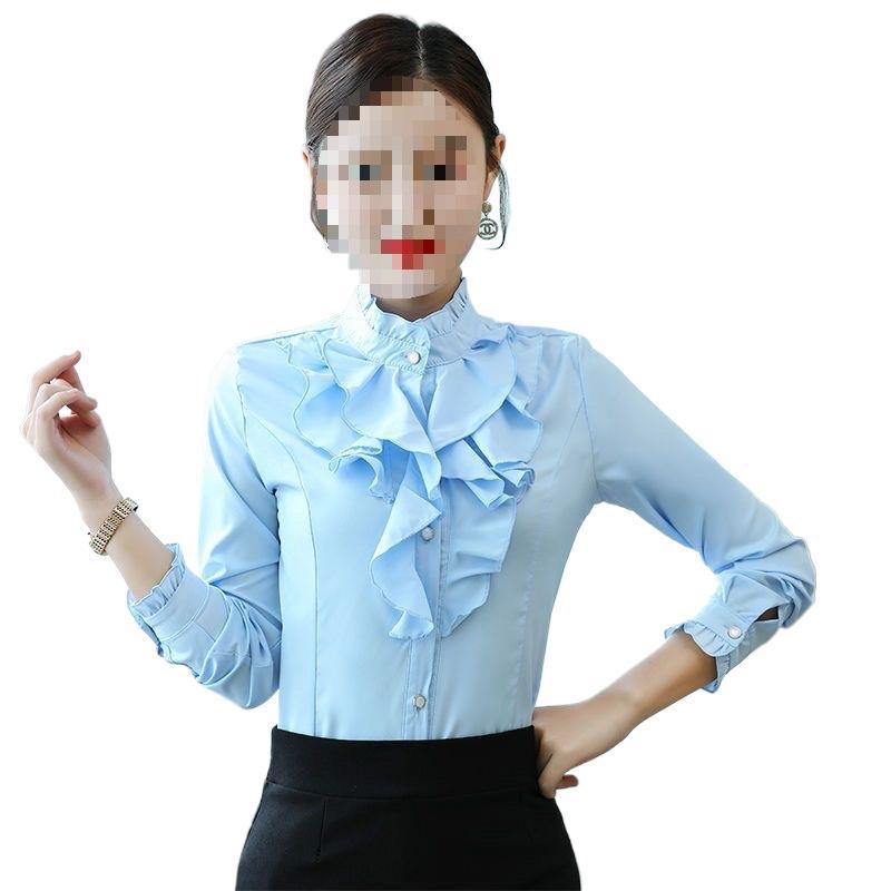 2025年长袖上衣女花边立领雪纺衬衫秋季新款气质收腰大码打底上衣|undefined