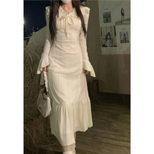 荷叶边绑带仙女连衣裙女秋冬设计感米白色中长款高腰显瘦打底裙子